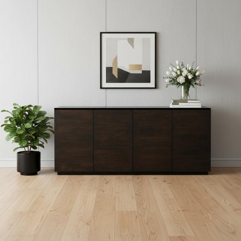 80" Dark Brown Distressed Solid Wood Sideboard With Four Doors in a home interior