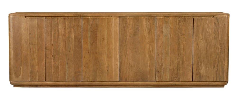 Tan distressed solid wood sideboard with six doors and a white background.