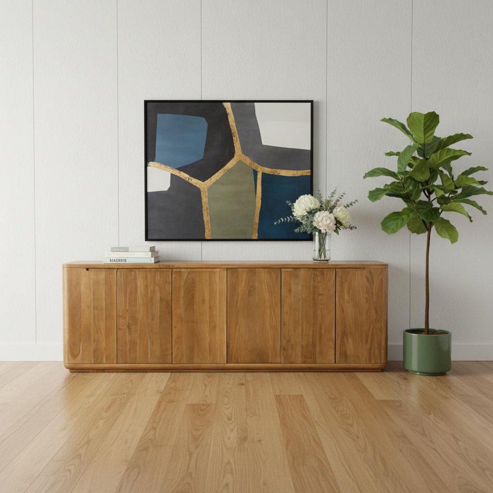 96" Tan Distressed Solid Wood Sideboard With Six Doors in a home interior