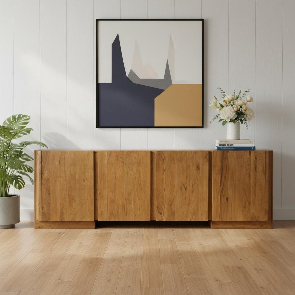 96" Tan Distressed Solid Wood Sideboard Soft Close with Four Doors in a home interior