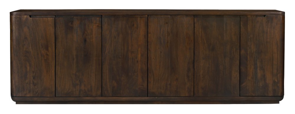 Dark brown distressed solid wood sideboard with six doors and a modern design.