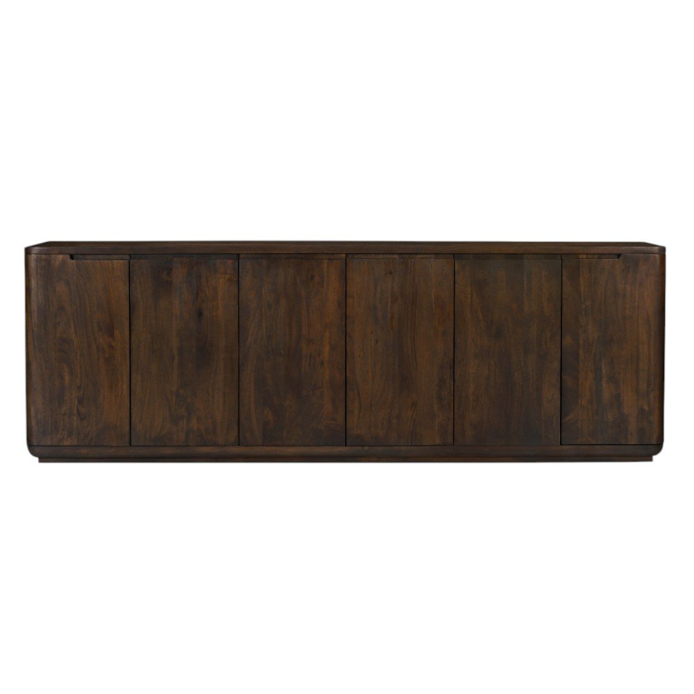 96" Dark Brown Distressed Solid Wood Sideboard With Six Doors on a white background