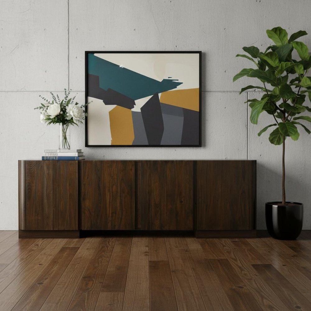 96" Dark Brown Distressed Solid Wood Sideboard With Four Doors in a home interior