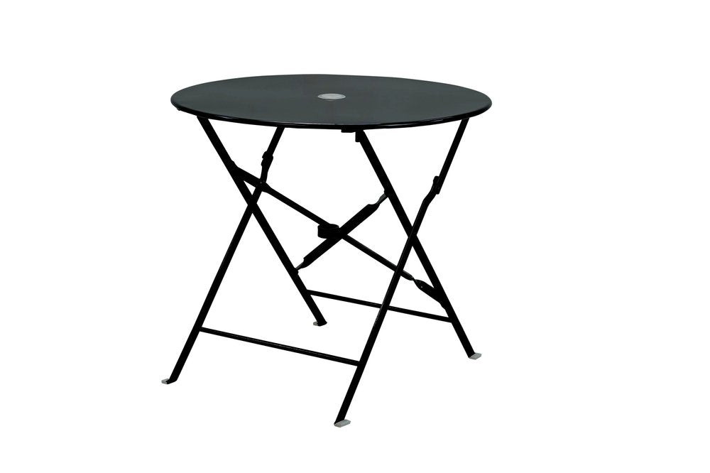 Black round folding outdoor bistro table with umbrella hole, made of aluminum.