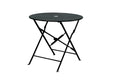 30" Black Rounded Aluminum Folding Outdoor Bistro Table with Umbrella Hole. Outdoor table isolated on a plain white background, in a black metal finish.