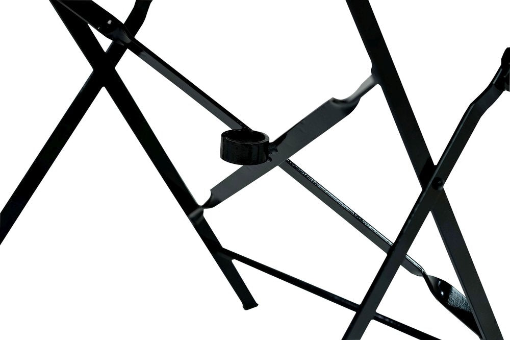 30" Black Rounded Aluminum Folding Outdoor Bistro Table with Umbrella Hole. Outdoor table isolated on a plain white background, finished in black metal.