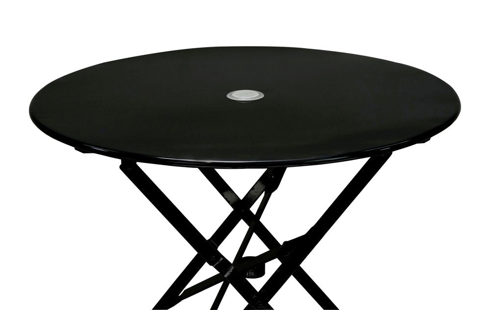 30" Black Rounded Aluminum Folding Outdoor Bistro Table with Umbrella Hole. Outdoor table isolated on a plain white background, in a black metal finish.