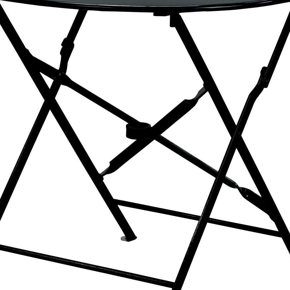 30" Black Rounded Aluminum Folding Outdoor Bistro Table with Umbrella Hole. Outdoor table isolated on a plain white background, finished in black metal.