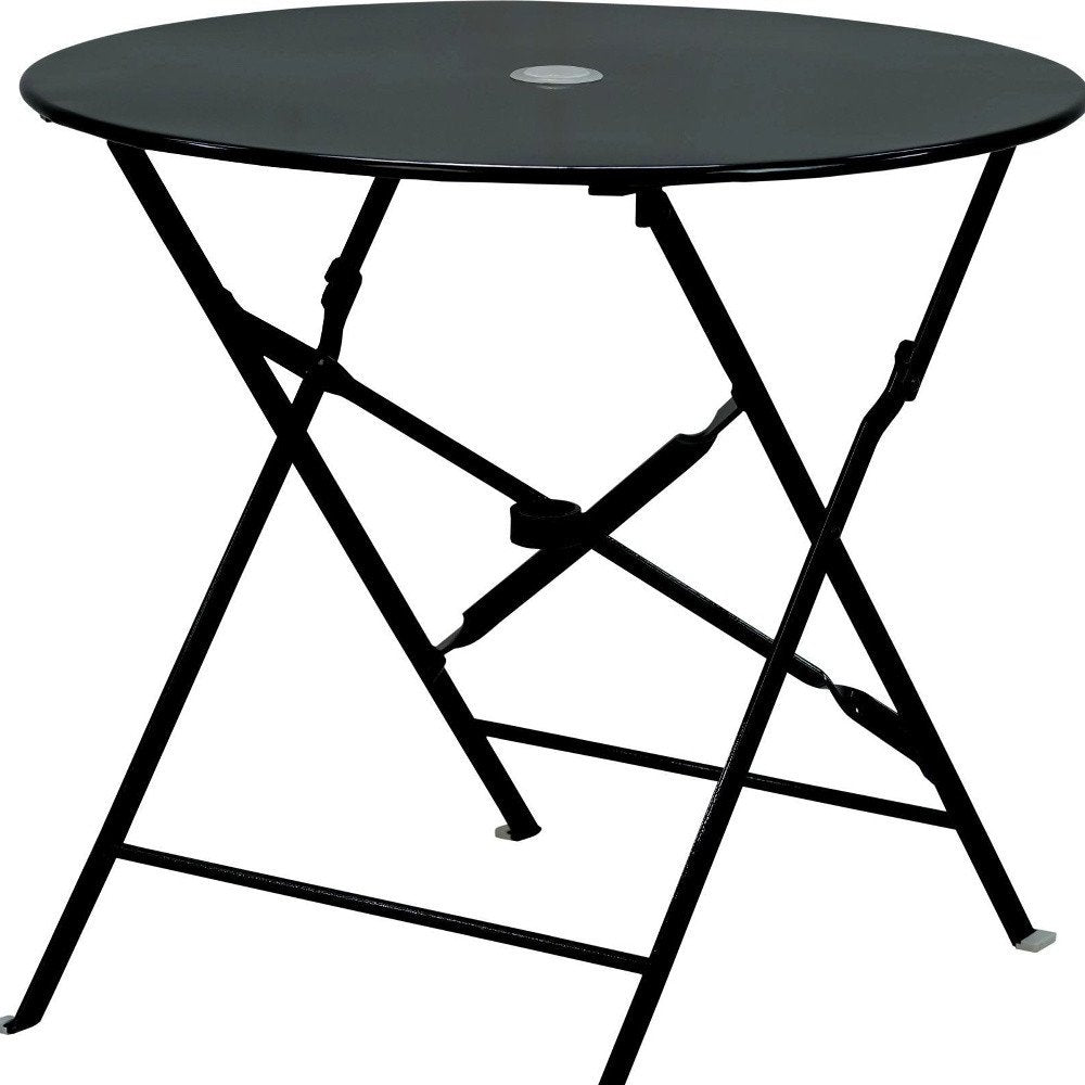 30" Black Rounded Aluminum Folding Outdoor Bistro Table with Umbrella Hole. Outdoor table isolated on a plain white background, showing a black metal surface.