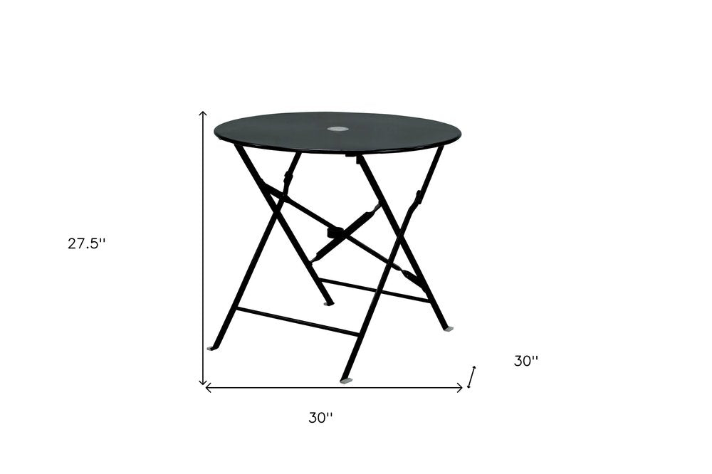 30" Black Rounded Aluminum Folding Outdoor Bistro Table with Umbrella Hole. Outdoor table isolated on a plain white background, finished in black metal.