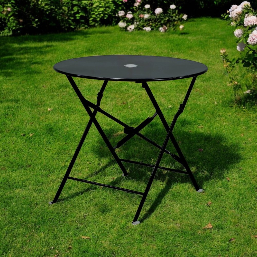 30" Black Rounded Aluminum Folding Outdoor Bistro Table with Umbrella Hole. Outdoor table in black metal.