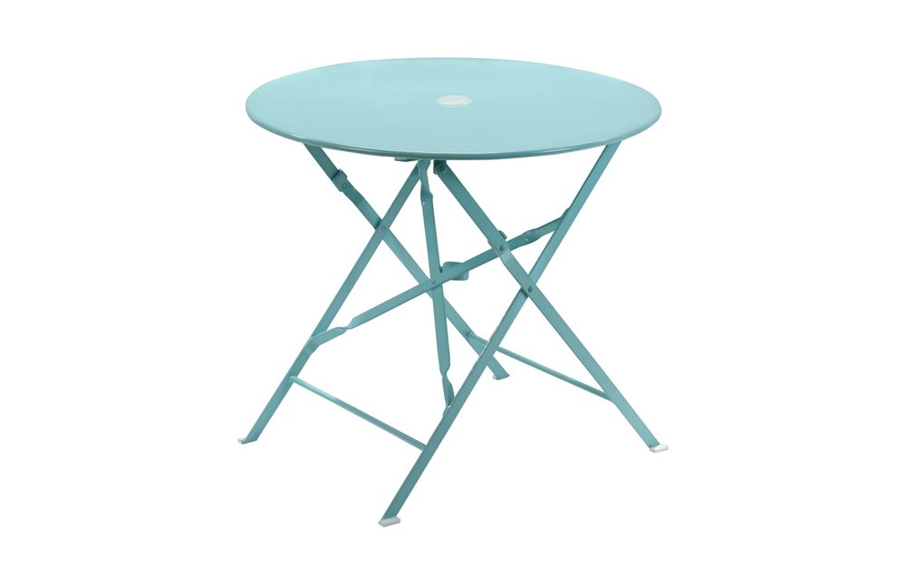 Aqua rounded aluminum folding outdoor bistro table with umbrella hole on a white background.