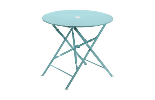 Aqua rounded aluminum folding outdoor bistro table with umbrella hole on a white background.