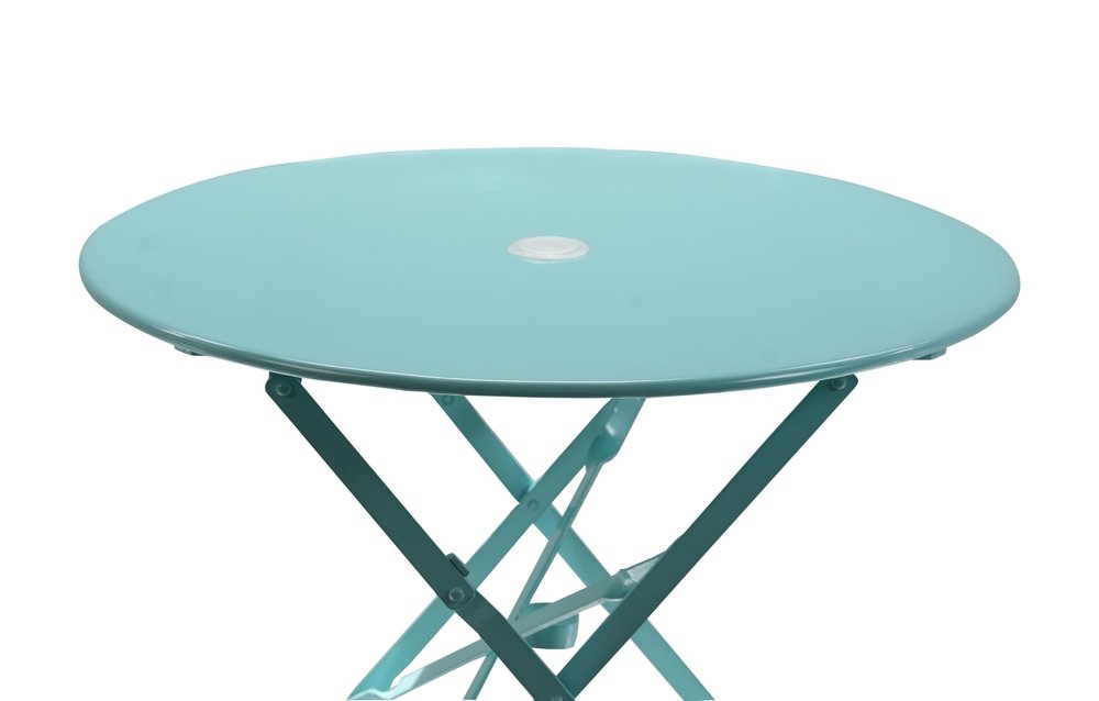 30" Aqua Rounded Aluminum Folding Outdoor Bistro Table with Umbrella Hole. Outdoor table isolated on a plain white background, finished in teal metal.