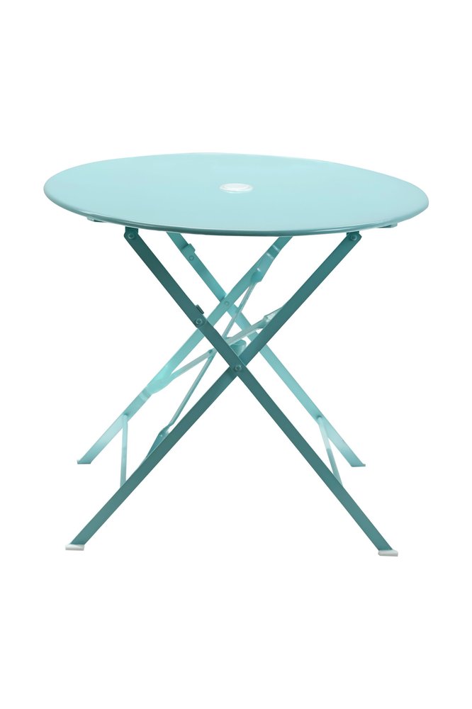 30" Aqua Rounded Aluminum Folding Outdoor Bistro Table with Umbrella Hole. Outdoor table isolated on a plain white background, in a teal metal finish.