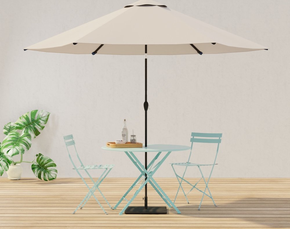 30" Aqua Rounded Aluminum Folding Outdoor Bistro Table with Umbrella Hole. Outdoor table isolated on a plain white background, finished in cream metal.