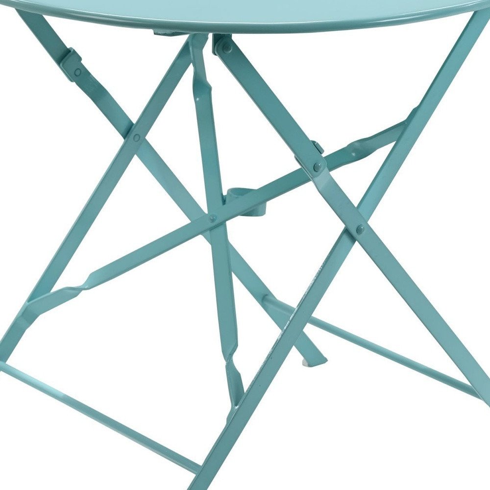 30" Aqua Rounded Aluminum Folding Outdoor Bistro Table with Umbrella Hole. Outdoor table isolated on a plain white background, in a teal metal finish.