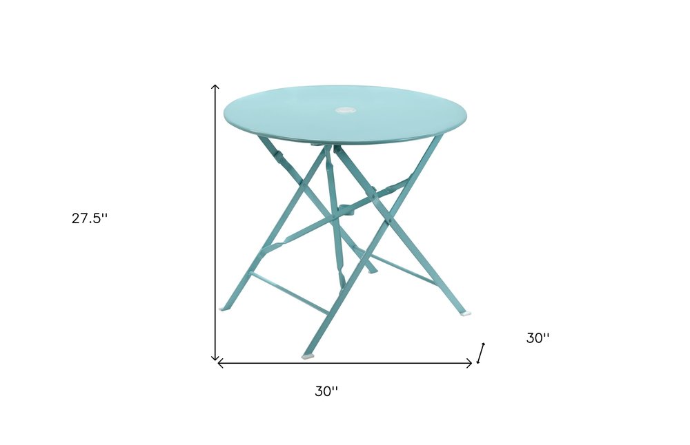 30" Aqua Rounded Aluminum Folding Outdoor Bistro Table with Umbrella Hole. Outdoor table isolated on a plain white background, showing a teal metal surface.