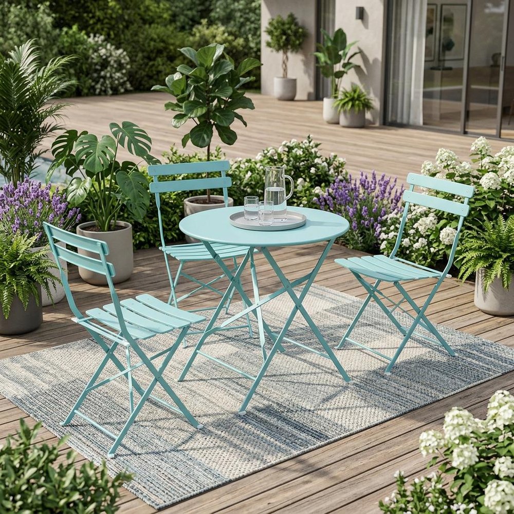 30" Aqua Rounded Aluminum Folding Outdoor Bistro Table with Umbrella Hole shown outdoors on a patio with greenery in green metal.