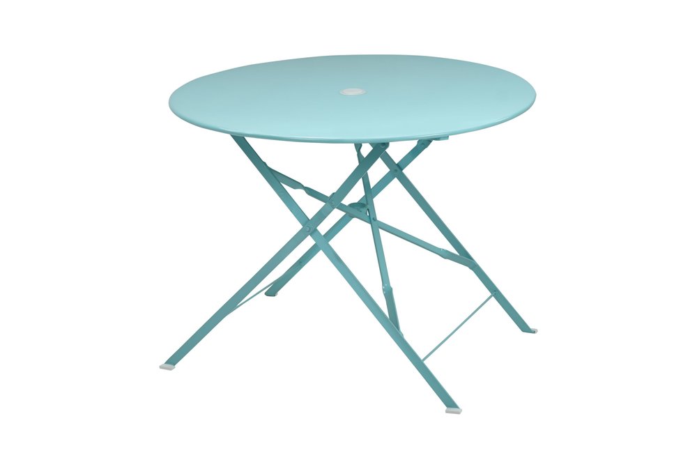 Aqua rounded aluminum folding outdoor dining table with umbrella hole on a white background.