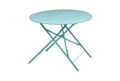 36" Aqua Rounded Aluminum Folding Outdoor Dining Table with Umbrella Hole. Outdoor table isolated on a plain white background, showing a teal metal surface.