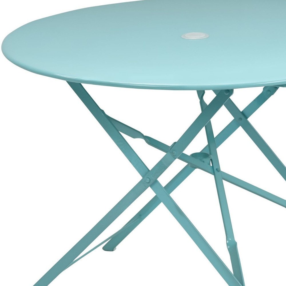 36" Aqua Rounded Aluminum Folding Outdoor Dining Table with Umbrella Hole. Outdoor table isolated on a plain white background, in a teal metal finish.