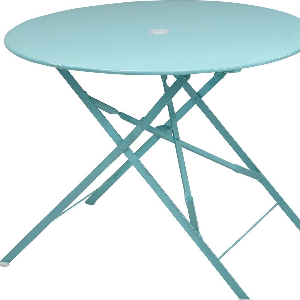 36" Aqua Rounded Aluminum Folding Outdoor Dining Table with Umbrella Hole. Outdoor table isolated on a plain white background, finished in teal metal.