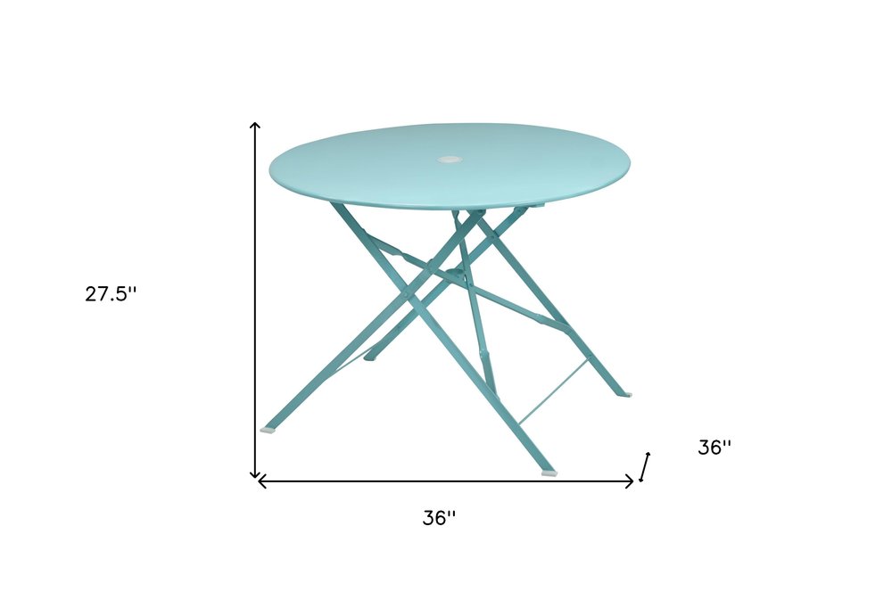 36" Aqua Rounded Aluminum Folding Outdoor Dining Table with Umbrella Hole. Outdoor table isolated on a plain white background, in a teal metal finish.