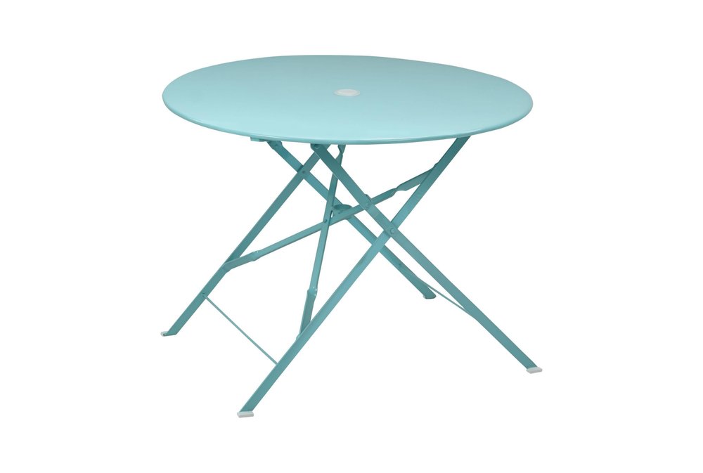 36" Aqua Rounded Aluminum Folding Outdoor Dining Table with Umbrella Hole. Outdoor table isolated on a plain white background, showing a teal metal surface.