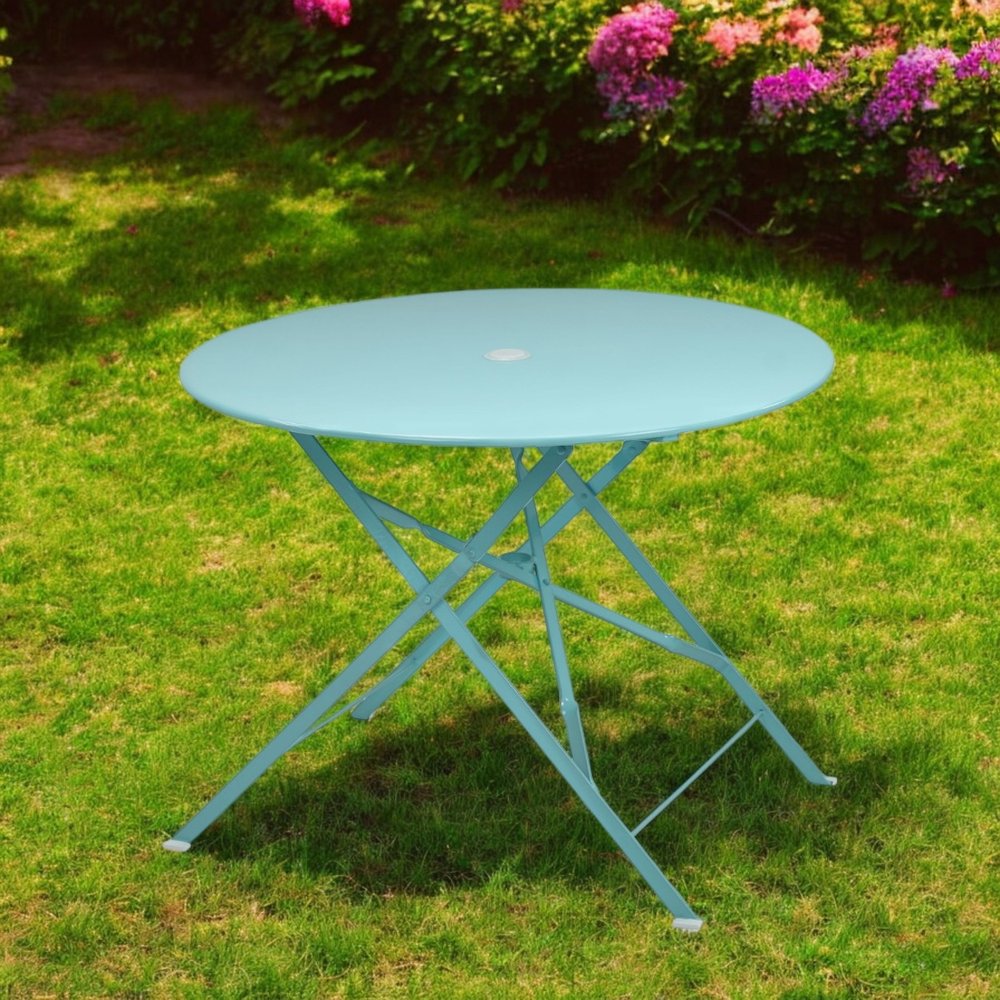 36" Aqua Rounded Aluminum Folding Outdoor Dining Table with Umbrella Hole. Outdoor table in green metal.