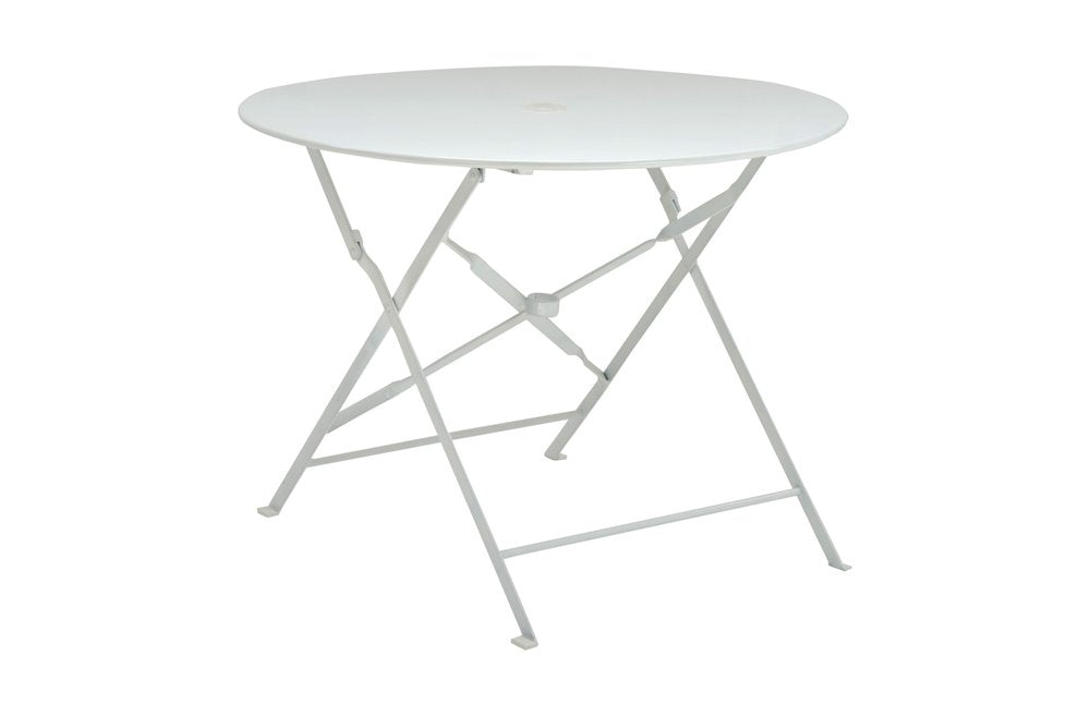 36" White Rounded Aluminum Folding Outdoor Dining Table with Umbrella Hole. Outdoor table isolated on a plain white background, showing a white metal surface.