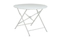 36" White Rounded Aluminum Folding Outdoor Dining Table with Umbrella Hole. Outdoor table isolated on a plain white background, showing a white metal surface.