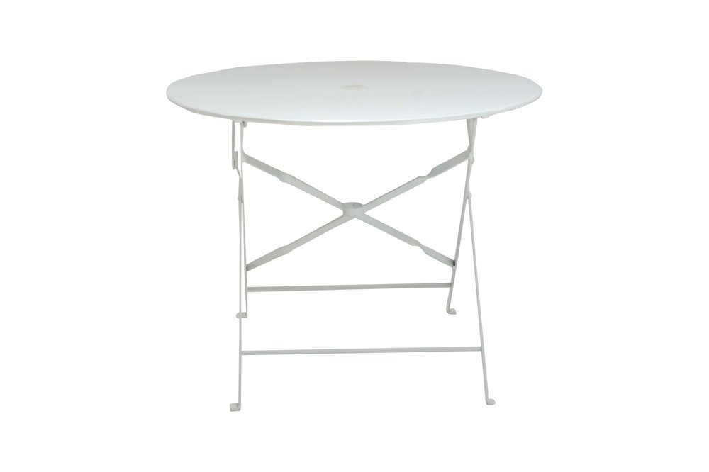 36" White Rounded Aluminum Folding Outdoor Dining Table with Umbrella Hole. Outdoor table isolated on a plain white background, in a white metal finish.