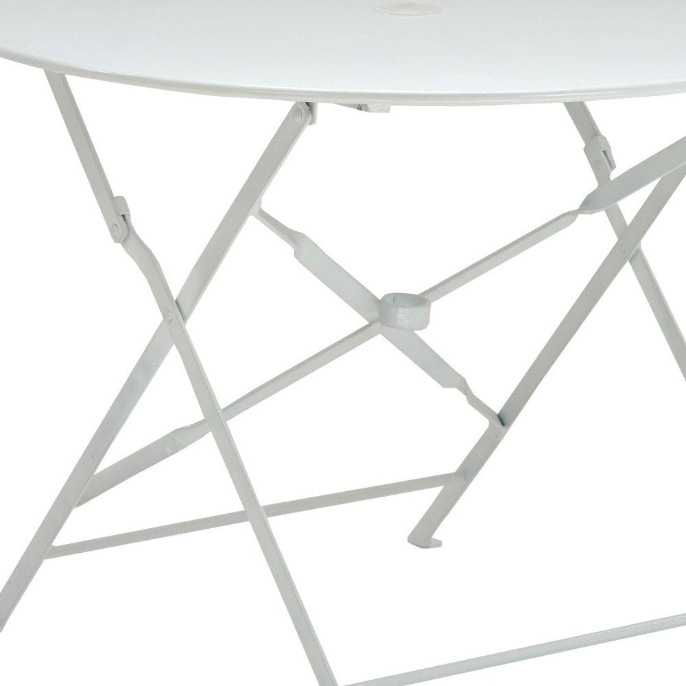 36" White Rounded Aluminum Folding Outdoor Dining Table with Umbrella Hole. Outdoor table isolated on a plain white background, in a white metal finish.