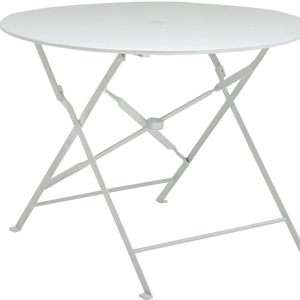 36" White Rounded Aluminum Folding Outdoor Dining Table with Umbrella Hole. Outdoor table isolated on a plain white background, finished in white metal.