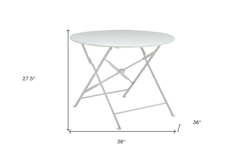 36" White Rounded Aluminum Folding Outdoor Dining Table with Umbrella Hole. Outdoor table isolated on a plain white background, showing a white metal surface.