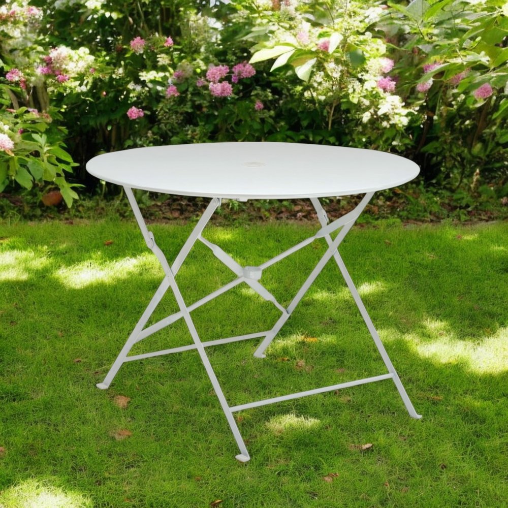 36" White Rounded Aluminum Folding Outdoor Dining Table with Umbrella Hole. Outdoor table in white metal.