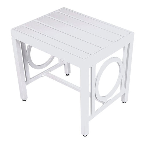 White metal outdoor side table with slatted top and circular cutouts on the sides, on a white background.