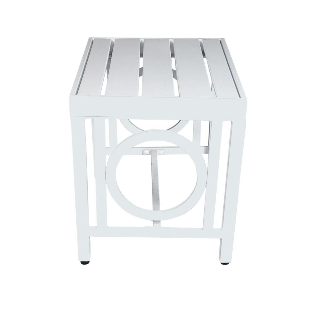 16" White Metal Outdoor Side Table. Outdoor table isolated on a plain white background, finished in white metal.