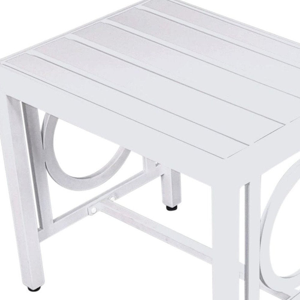 16" White Metal Outdoor Side Table. Outdoor table isolated on a plain white background, in a white metal finish.