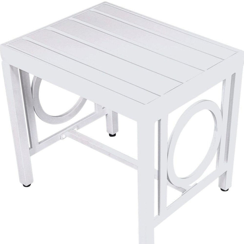 16" White Metal Outdoor Side Table. Outdoor table isolated on a plain white background, finished in white metal.