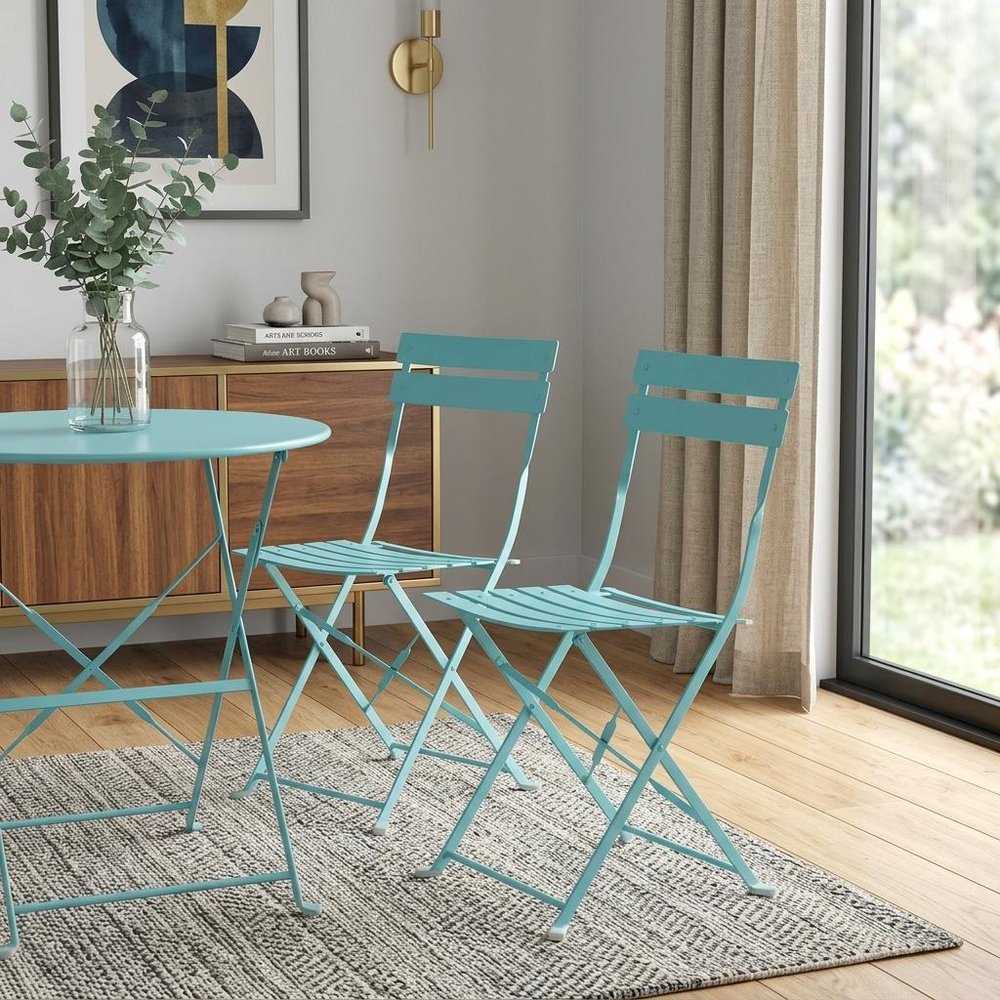 Set of Two Aqua Blue Aluminum Outdoor Folding Dining Chairs