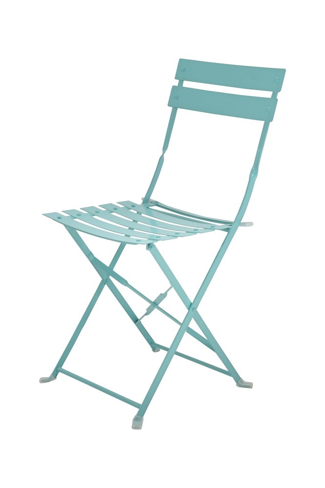 Set of Two Aqua Blue Aluminum Outdoor Folding Dining Chairs on a white background