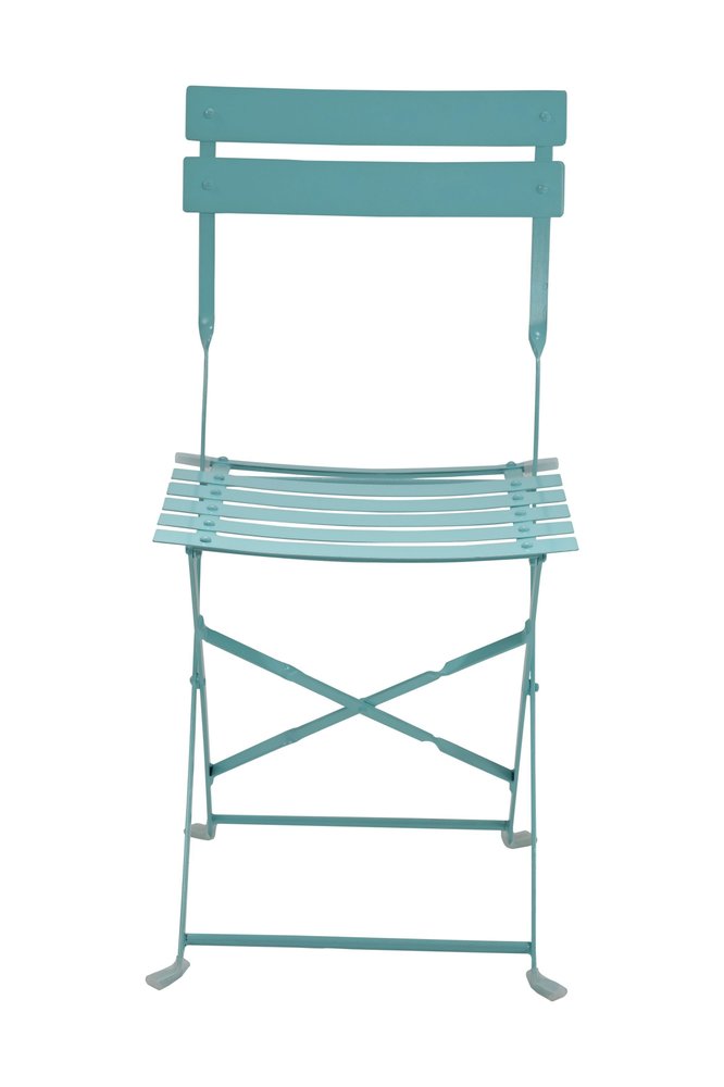 Set of Two Aqua Blue Aluminum Outdoor Folding Dining Chairs on a white background