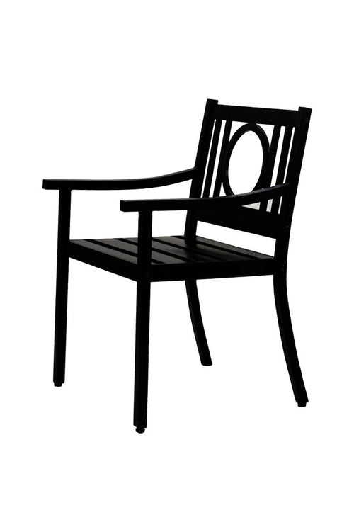 Black steel outdoor arm chair with a geometric back design on a white background.