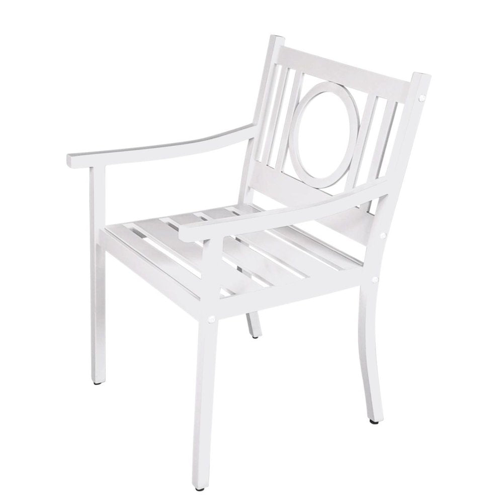 24" White Steel Geo Back Outdoor Arm Chair. Outdoor chair isolated on a plain white background, finished in white metal.