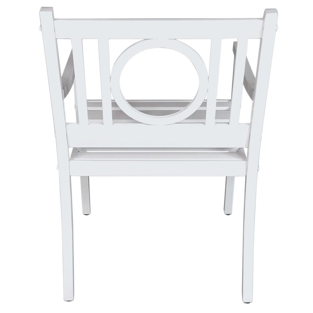 24" White Steel Geo Back Outdoor Arm Chair. Outdoor chair isolated on a plain white background, showing a white metal surface.