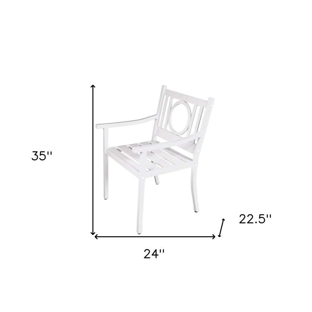 24" White Steel Geo Back Outdoor Arm Chair. Outdoor chair isolated on a plain white background, finished in white metal.