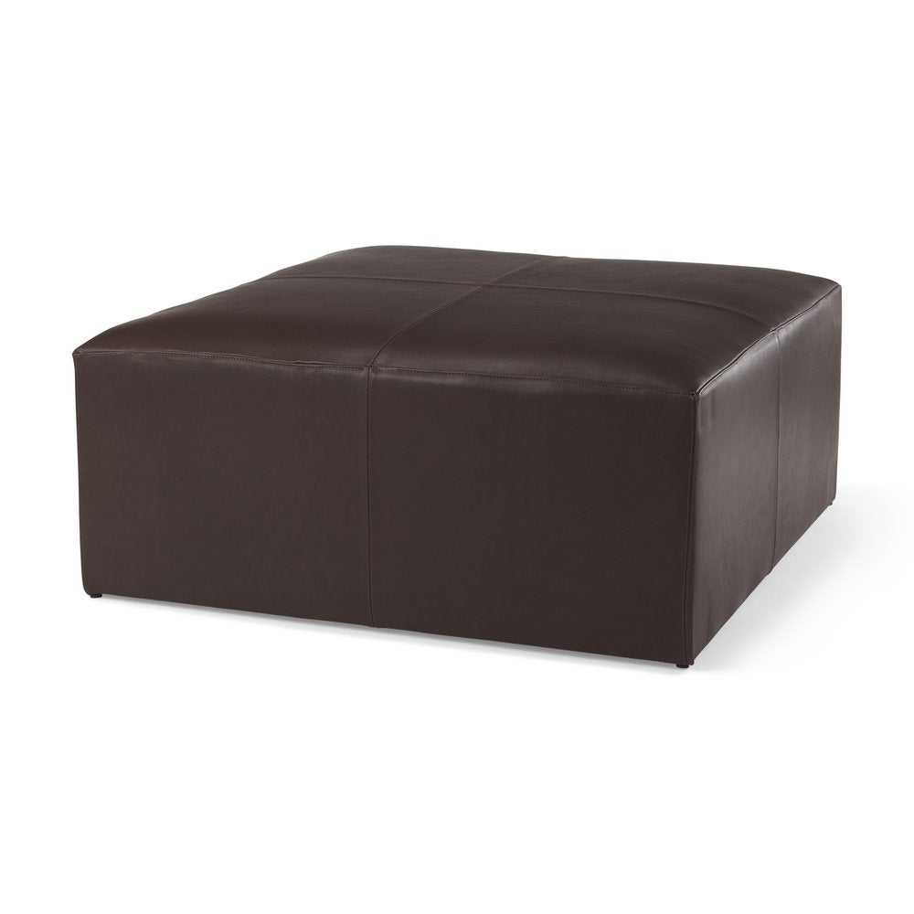36" Brown Genuine Leather Cocktail Ottoman. Ottoman isolated on a plain white background, showing a leather surface.
