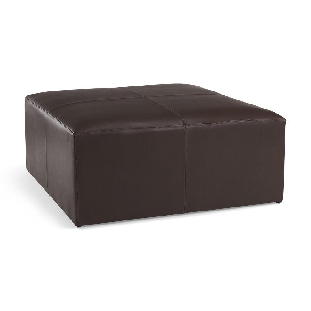 36" Brown Genuine Leather Cocktail Ottoman. Ottoman isolated on a plain white background, showing a leather surface.